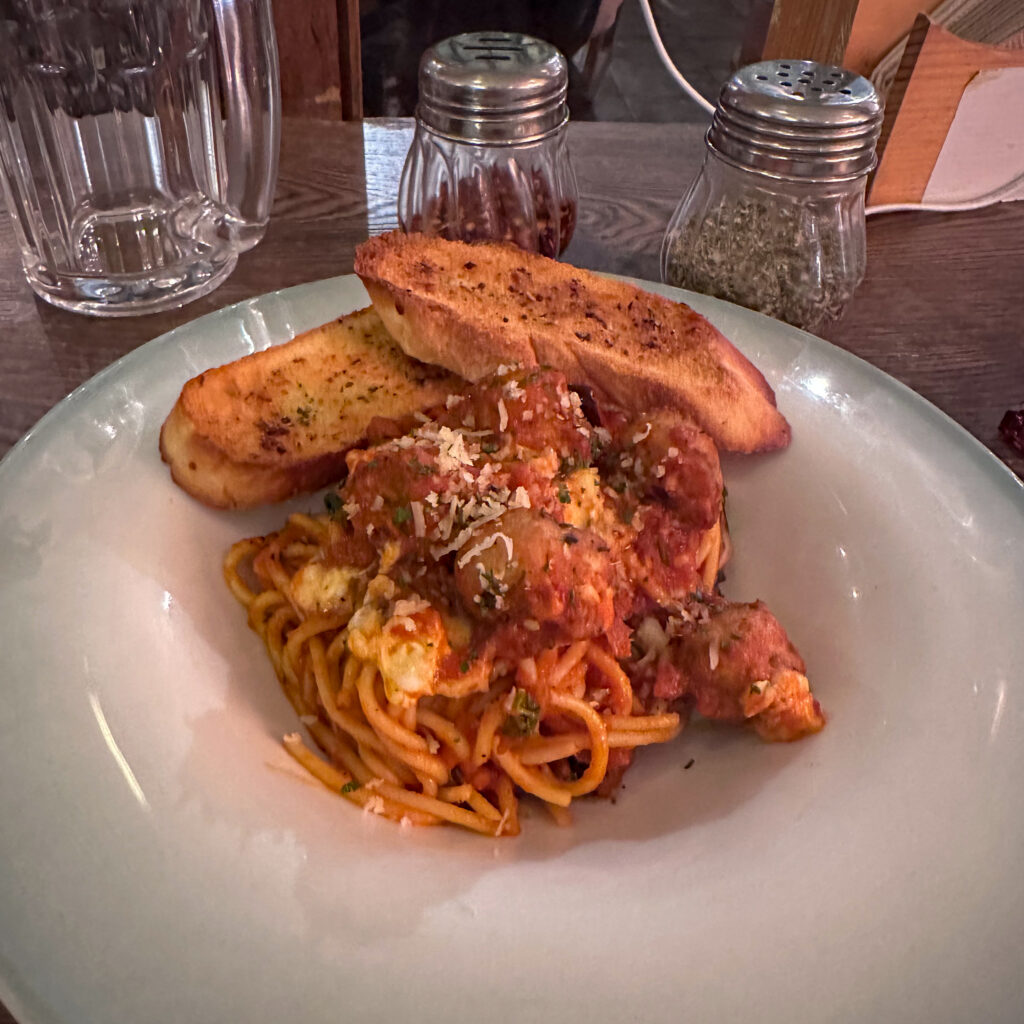 Spaghetti with Chicken Meatballs at Backyard Brew