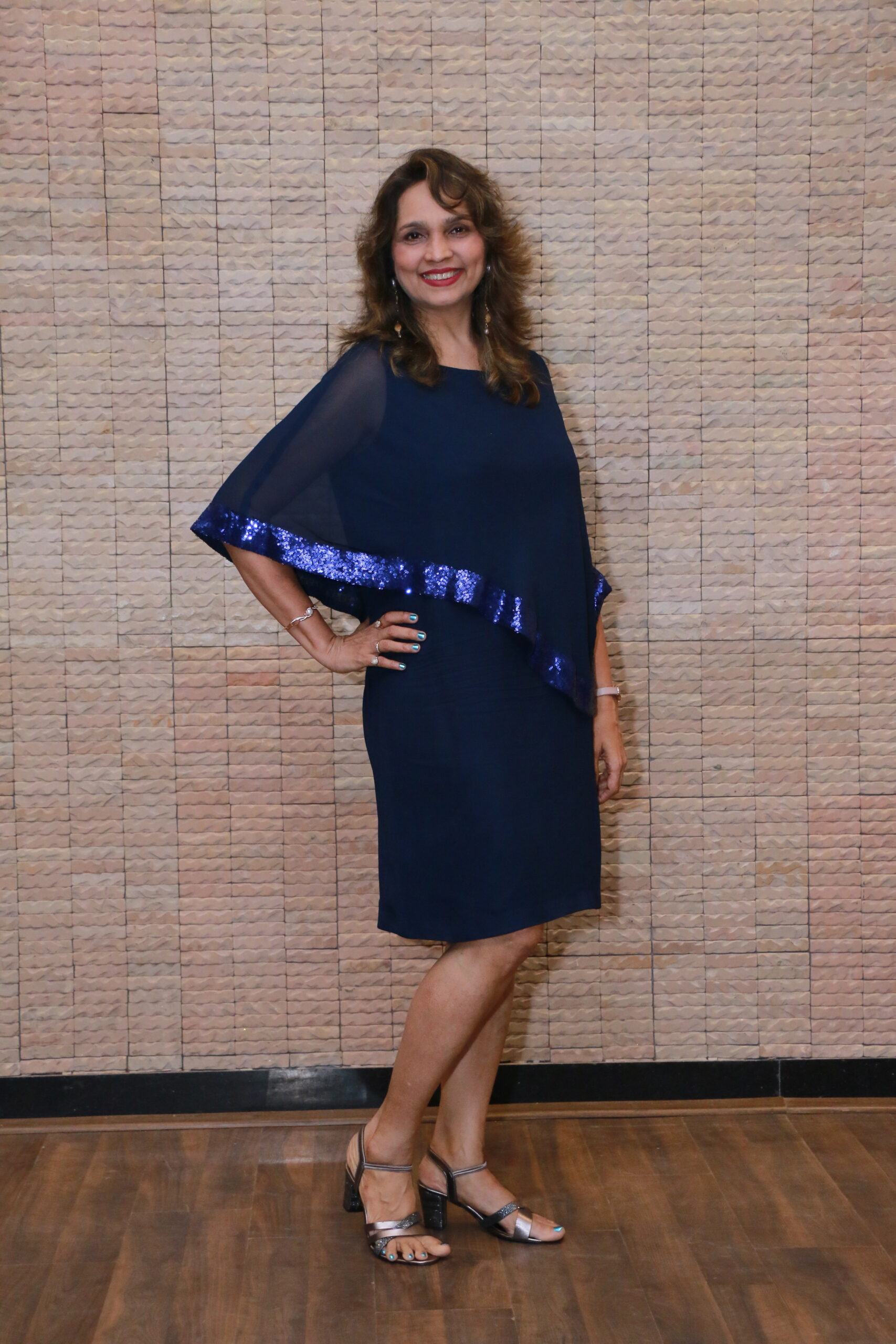 Nomita Iyengar in navy sequin dress at Mumbai event full length portrait